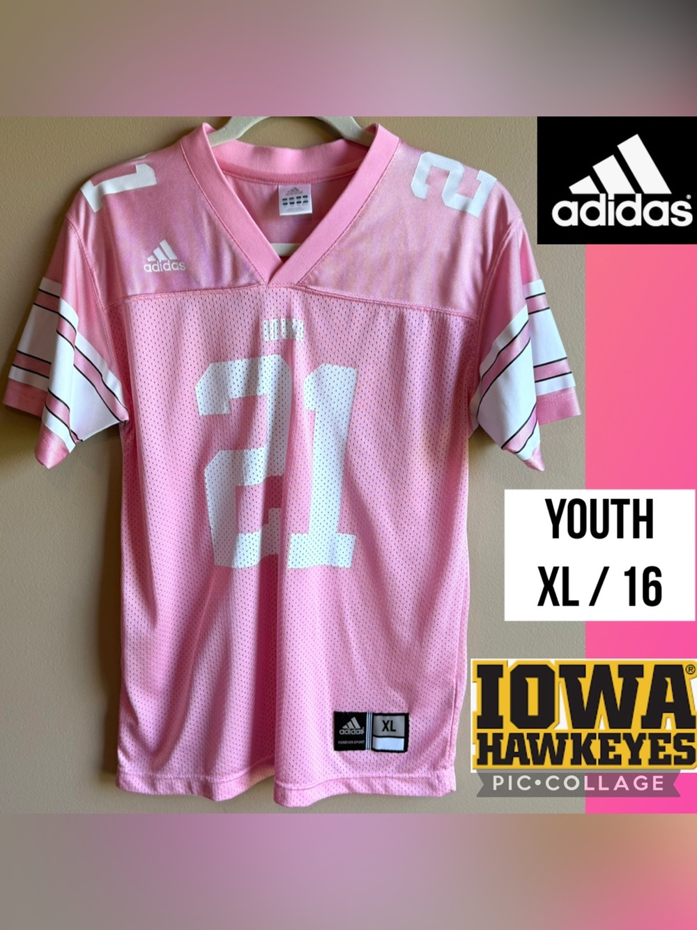 Iowa Hawkeyes Youth Football Jersey Adidas Pink White #21 Lightweight Size XL 16